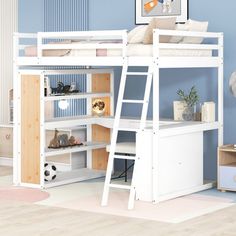 a white bunk bed sitting next to a desk and chair in a child's room