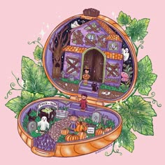 an open suitcase filled with lots of halloween items on top of a pink background and green leaves