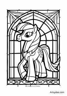 an image of a stained glass window with a pony in the center and a ribbon around it