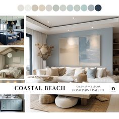 a collage of photos showing different rooms and furniture in various shades of grey, white, blue, and beige