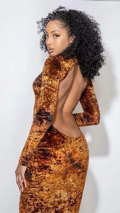 Golden brown Crushed Velvet backless open back long sleeves dress. High Neck Backless Dress For Night Out, Brown Backless Mini Dress For Date Night, Fitted Velvet Dress For Fall Party, Fitted Backless Party Dress With Cowl Back, Backless Mini Dress For Fall Club Events, Elegant Brown Club Dress, Elegant Brown Dress For Club, Fitted Velvet Club Dresses, Velvet Bodycon Dress For Night Out