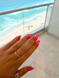 pink with pink chrome almond nails for vacation Flashy Nails Summer, Nails Acrylic Almond Chrome, Summer Nail Inspo Chrome, Pink Goldfish Nails, Nails For Ibiza, Spring Break Beach Nails, Oval Vacation Nails, Almond Nails For Vacation, Pink Orange Chrome Nails