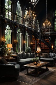 a living room filled with lots of furniture next to a tall window covered in chandeliers