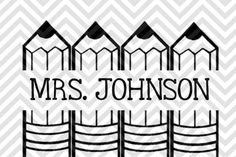 three pencils with the word mrs johnson on them in black and white, against a zigzag background