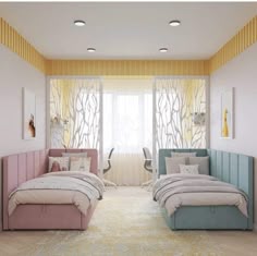 a bedroom with two beds and yellow curtains