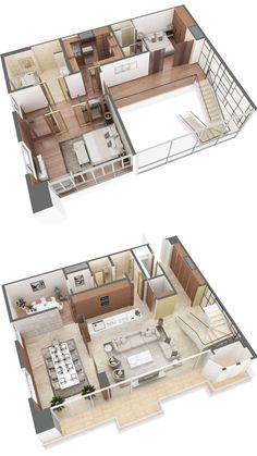 two floor plans of a house with the kitchen and living room