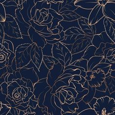 a blue background with gold foil flowers and leaves on the bottom right corner is an illustration of roses