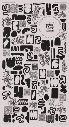 an abstract black and white pattern with various shapes