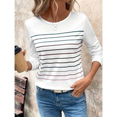 Category:Long Sleeve T-shirt; Season:Spring,Fall; Fabric:Polyester; Sleeve Length:Long Sleeve; Look After Me:Machine wash,Washable,Wet and Dry Cleaning; Gender:Women's; Style:Casual; Elasticity:Micro-elastic; Tops Type:T shirt; Occasion:Daily; Top Length:Regular; Fit Type:Regular Fit; Pattern:Striped; Design:Print; Neckline:Crew Neck; Brand:Shall We; Listing Date:10/16/2024 Long Sleeve Tshirts, Fall Fabric, Women's T Shirts, Fall 2024, Spring And Fall, White Long Sleeve, Shirt Online, Women's Style, Season Spring