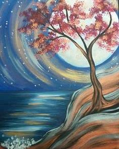 a painting of a tree with the moon in the background