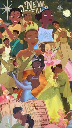 the princess and the frog is surrounded by other disney characters, including prince and princess