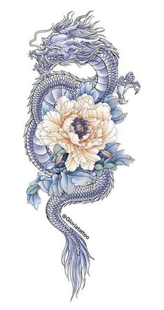 a dragon and flower tattoo design on a white background