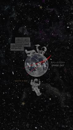 an astronaut floating in space with the word nasa on it's side and stars around