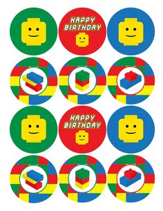 happy birthday cupcake toppers with legos on the front and bottom, all in different colors