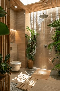 a bathroom with bamboo walls and flooring next to potted plants in the shower