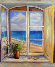 a painting of an open window looking out onto the beach with shells and flowers in front of it