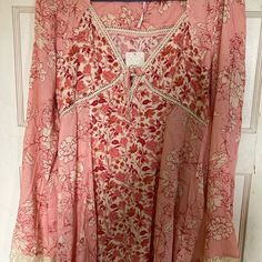 Extremely Cute Free People Boho Dress Pink And Cream Pink Printed Sundress Mini Dress, Pink Printed Feminine Mini Dress, Pink V-neck Boho Sundress, Pink Flowy Boho Dress For Spring, Pink Boho Dress For Brunch, Pink V-neck Boho Dress With Boho Print, Feminine Pink Boho Dress For Spring, Feminine Pink Long Sleeve Maxi Dress, Fitted Pink Boho Dress For Spring