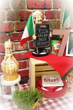 there is a sign that says pizza sallap pasta dessert next to other items