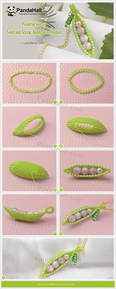 the instructions to make beaded peashells with beads and pearls in green colors