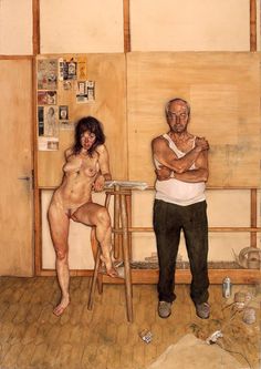 two naked people standing in front of a painting