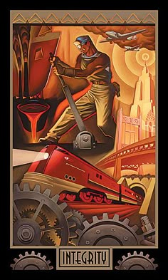 a painting of a man working on machinery