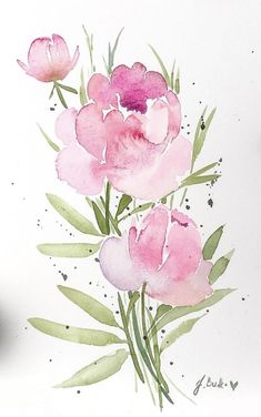 watercolor painting of pink flowers on white paper