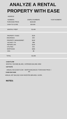 an invoice sheet with the words,'analize rental property with ease '