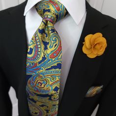 Yellow Blue Red Paisley Silk Tie Pocket Square Cufflink Set - STYLETIE Unique Ties, Tie Set, Tie And Pocket Square, Silk Ties, Pocket Square, Yellow Blue, Color Splash