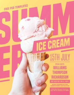 a hand holding an ice cream cone in front of a yellow and pink poster for the summer festival