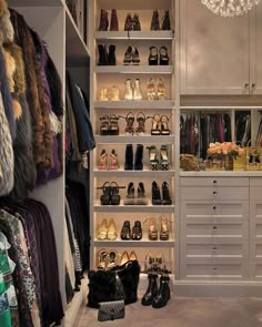 the closet is full of shoes and handbags