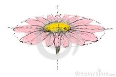 a drawing of a pink flower with yellow center on the petals and green stems in the middle