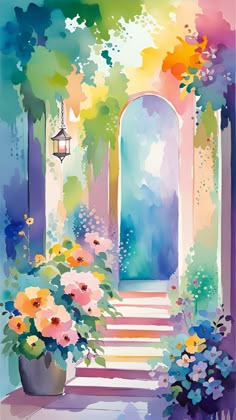 a painting of an open door with flowers in the foreground and a lantern hanging above it