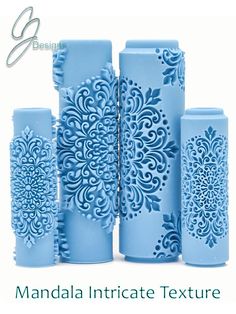 several blue vases sitting next to each other in front of a white background with the words, mandala intricate texture