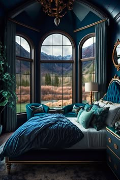 modern blue dark academia bedroom with teal accents and navy blue blankets Navy Emerald Bedroom, Navy Teal Paint Colors, Peacock Blue Bedroom Ideas, Aqua Bedroom Ideas For Adults, Peacock Inspired Bedroom, Peacock Bedroom Ideas, Deep Teal Bedroom, Dark Eclectic Bedroom