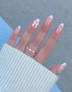 #pink #bows #nailsofinstagram #fyp French Details Nails, Almond Bow Acrylic Nails, Nails Design With Pearls, Pink Almond Nails With Pearls, Pink Almond Nails With Bow, Pink Nails With Pearls On Them, Bows And Pearls Nails, Nails Acrylic With Bow, Pearl Bow Nails