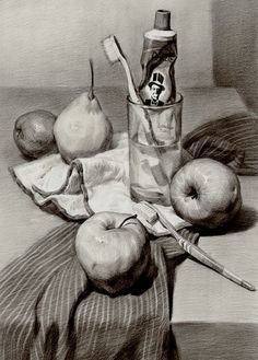 a pencil drawing of apples, an apple and a toothbrush sitting on a table