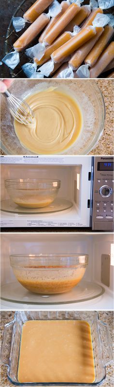 four pictures showing how to make peanut butter pies in an oven and then baking