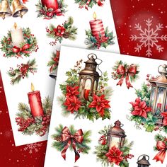 some christmas decorations and candles on a red background with snowflakes, holly wreaths and bells