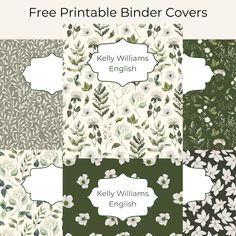 four different floral patterns with the words free printable binder covers in white and green