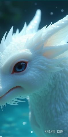 White dragon with blue eyes and a white tail is swimming in a pool of water with bubbles. Example of CMYK 43,0,19,0 color. RAL Design, RAL 200 80 20. Aesthetic fantastic beasts.Follow us and visit our site for more amazing content! #beast #fantasy #unique #AI #Example #RALDesign #style #spooky #White #creative #43,0,19,0 #photo #fairy #concept #design