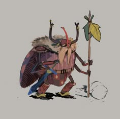 a cartoon character holding a stick and standing next to a bird with horns on it's head