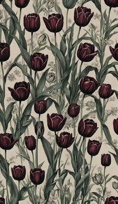 a bunch of purple tulips on a white background with green leaves and flowers