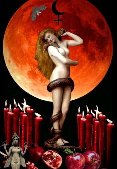 a painting of a naked woman surrounded by candles and apples with the moon in the background