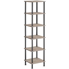 a four tiered shelving unit with black metal legs and wood shelves on each side