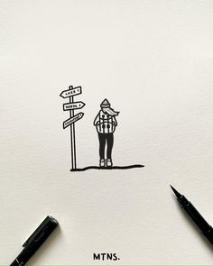 a drawing of a person standing next to a street sign