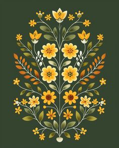 #SymmetricalOrnament #Green-yellow #MinimalFlowerLeaves #ScandinavianFolkArt #GreenBackground #4:5AspectRatio Symmetrical Flower Design, Polish Folk Art Flowers Painted Houses, Symmetrical Graphic Design, Scandinavian Folk Flowers, Scandinavian Folk Art Flowers, Scandinavian Folk Art Patterns, Symmetrical Art Design, Folk Art Illustration, Scandinavian Flowers