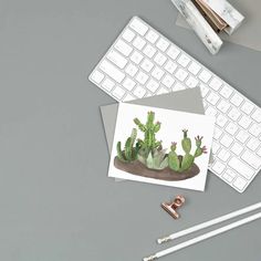 an image of a desk setting with cactus cards and pencils next to the keyboard