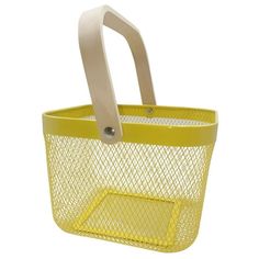 a yellow plastic basket with handles on the side and an oval handle at the top