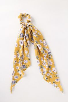 Add the perfect romantic touch to your look with the Lulus Breezy Blooms Mustard Yellow Floral Print Scarf Ponytail Holder! A romantic mustard yellow floral print scarf is secured to an elastic scrunchie hair tie, to create a chic and playful pony! Scarf Ponytail, Chiffon Hair, Scrunchie Ponytail, Rope Hair, Vintage Hair Accessories, Hair Ribbons, Hair Ribbon, Hair Accessories Gift, Hair Scrunchies