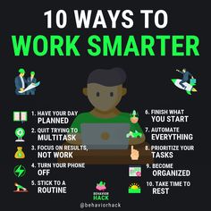 the 10 ways to work smarter with text overlaying it and icons on black background